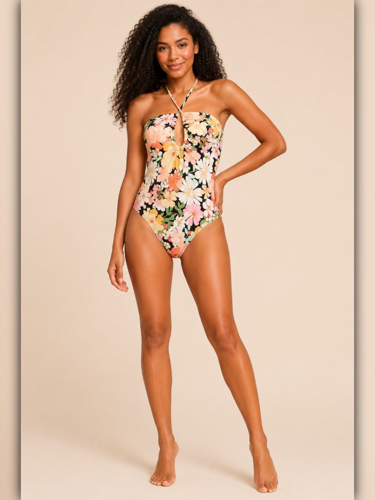 A052-E Floral Elegance Sunset Garden Halter One Piece Swimsuit